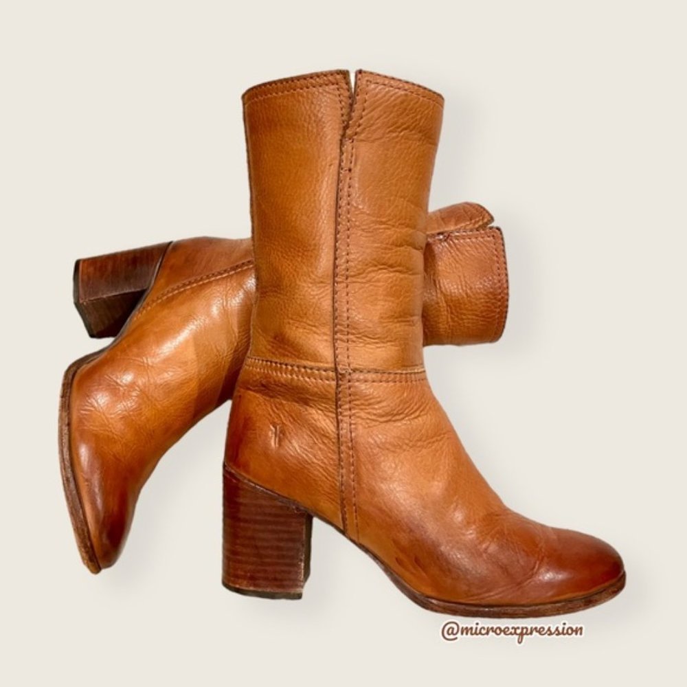 $399 Frye Nora Mid Calf Pull On Cognac Leather Heeled Fall/Winter Ankle Bootie - Picture 13 of 14